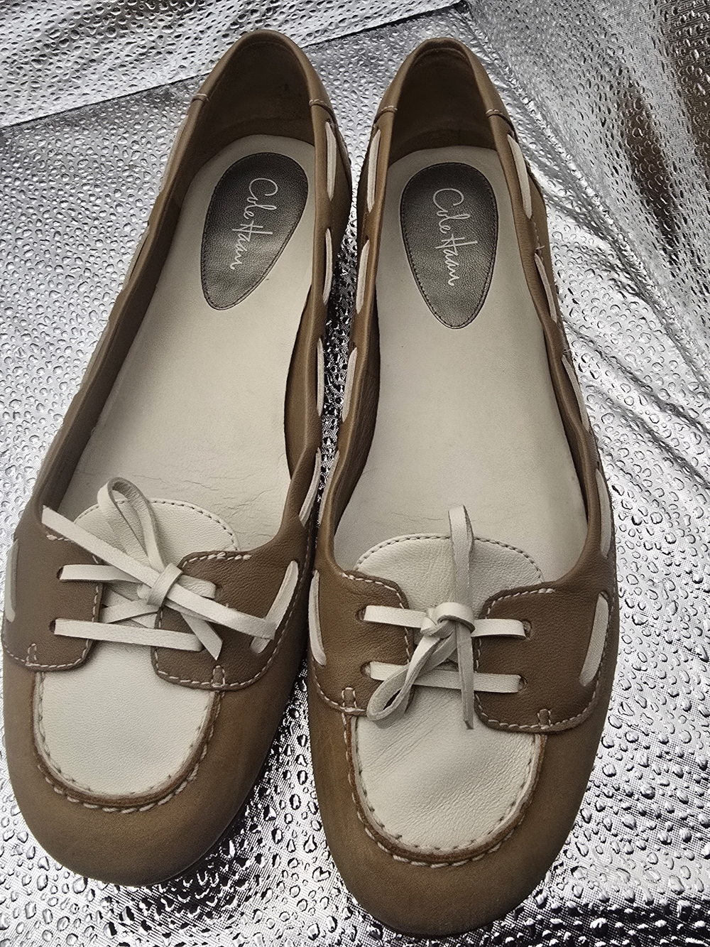 Cole Haan Tan and White Leather Lace-Top Driving Loafers